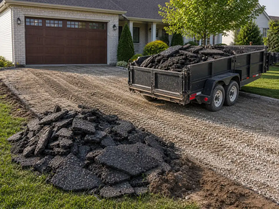 Broken asphalt driveway pieces being loaded for removal and hauling