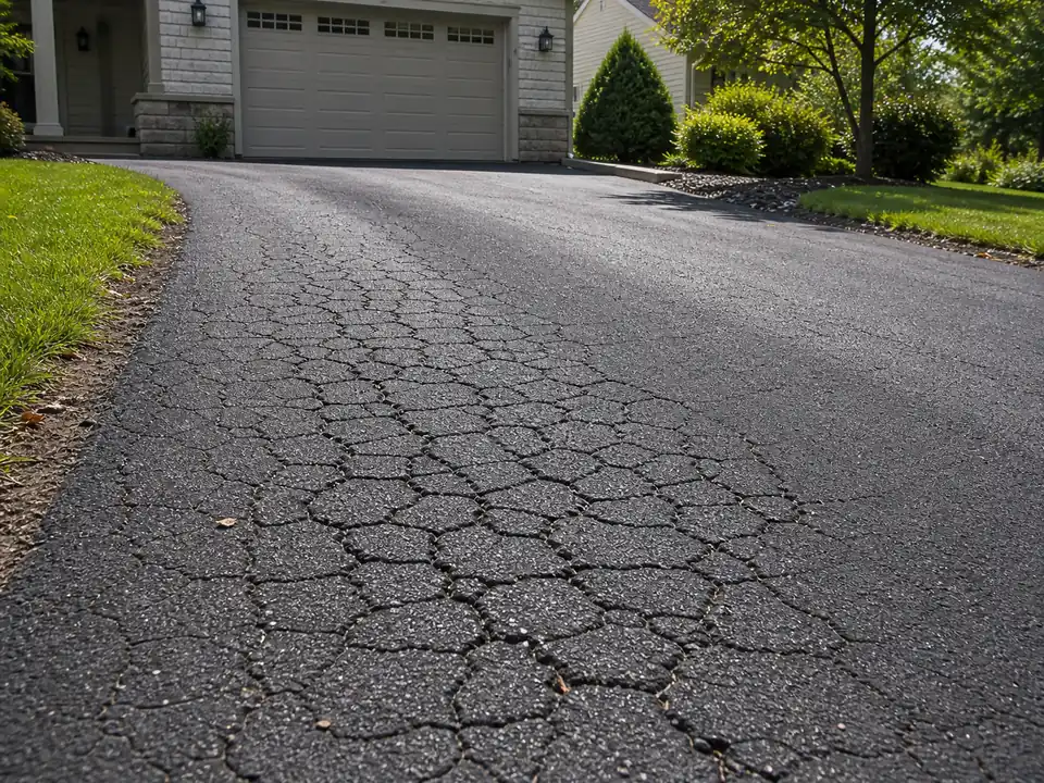 Residential asphalt driveway section with interconnected alligator cracking