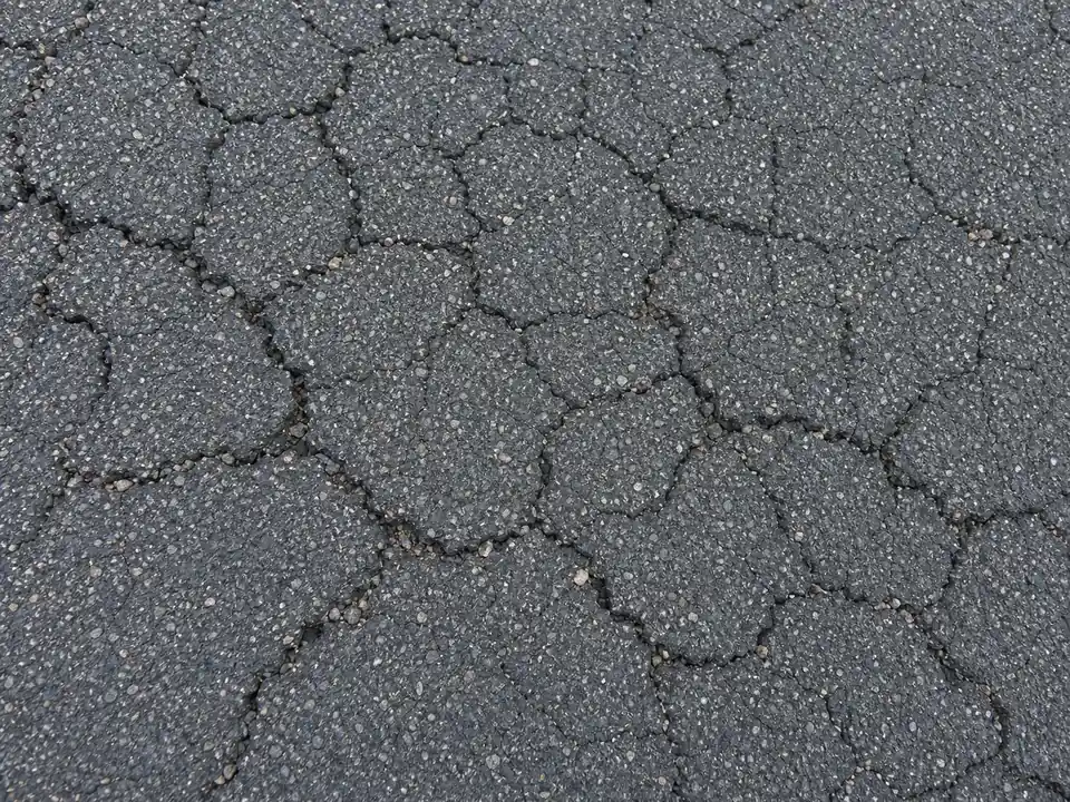Close-up of alligator cracking in asphalt with loose aggregate in the cracks
