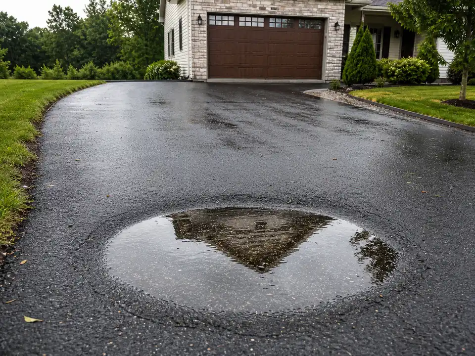 Shallow puddle pooled in a birdbath low spot on an asphalt driveway