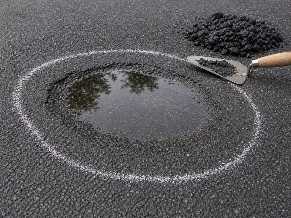 Marked asphalt low spot with pooled water and repair tools nearby