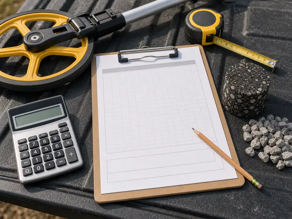 Blank square-footage worksheet with measuring wheel, tape, and asphalt sample