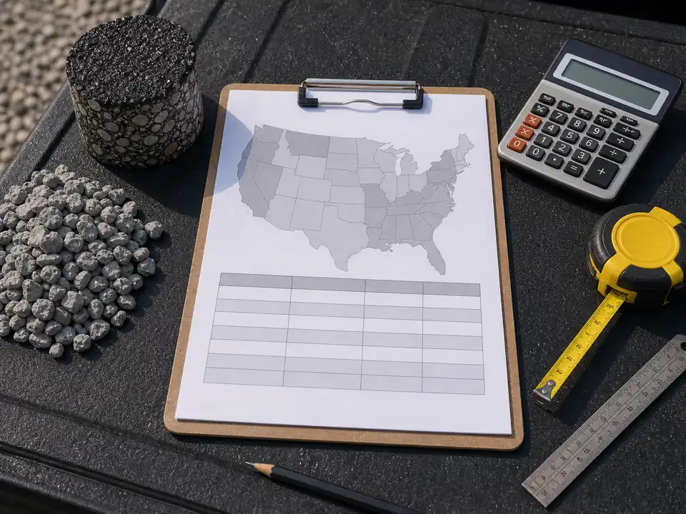 Blank regional cost planning sheet with map, calculator, and asphalt sample
