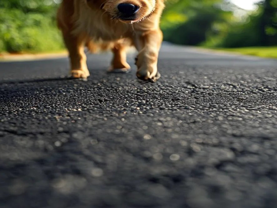 Dog standing at the edge of a sun-baked asphalt driveway in summer