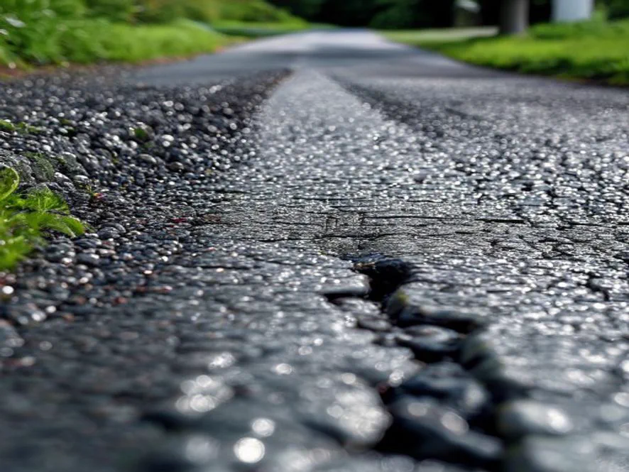 Asphalt driveway drainage: water sheeting off a properly sloped driveway into a channel drain