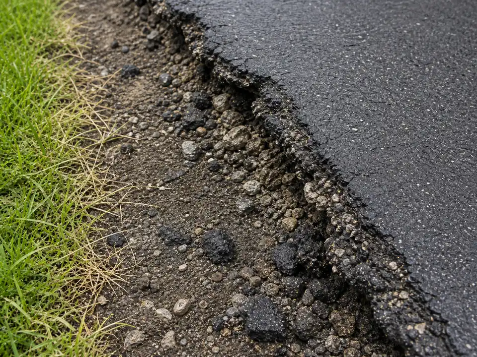 Close-up of a raveling asphalt driveway edge with loose stones and weak shoulder support