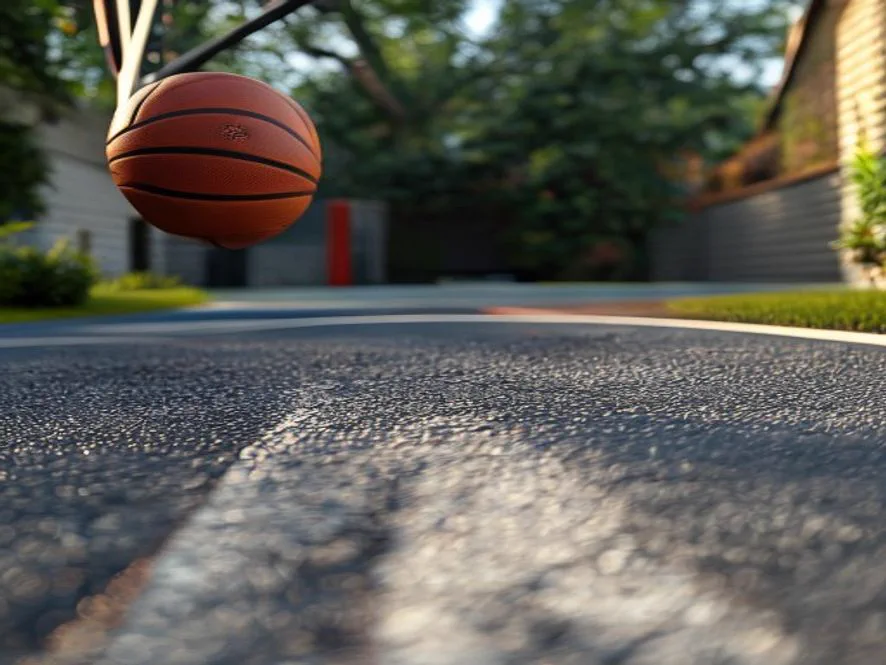 Asphalt driveway with a basketball hoop and painted key lines