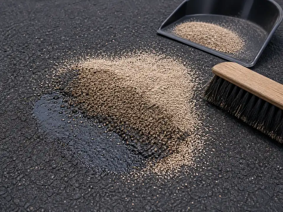 Absorbent granules covering a fuel stain on an asphalt driveway