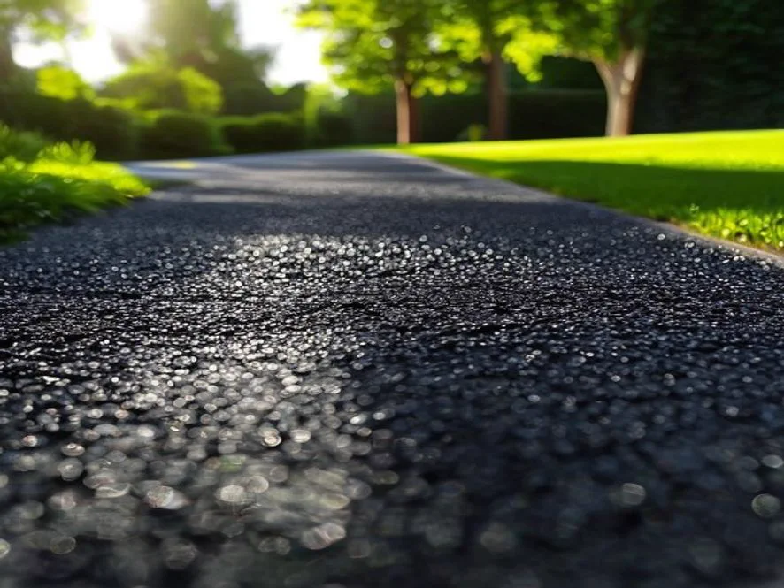 Black asphalt driveway baking in full summer sun next to a green lawn