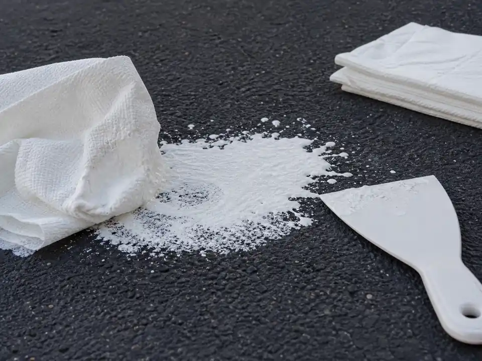 Fresh paint spill on asphalt being blotted with towels and a plastic scraper nearby