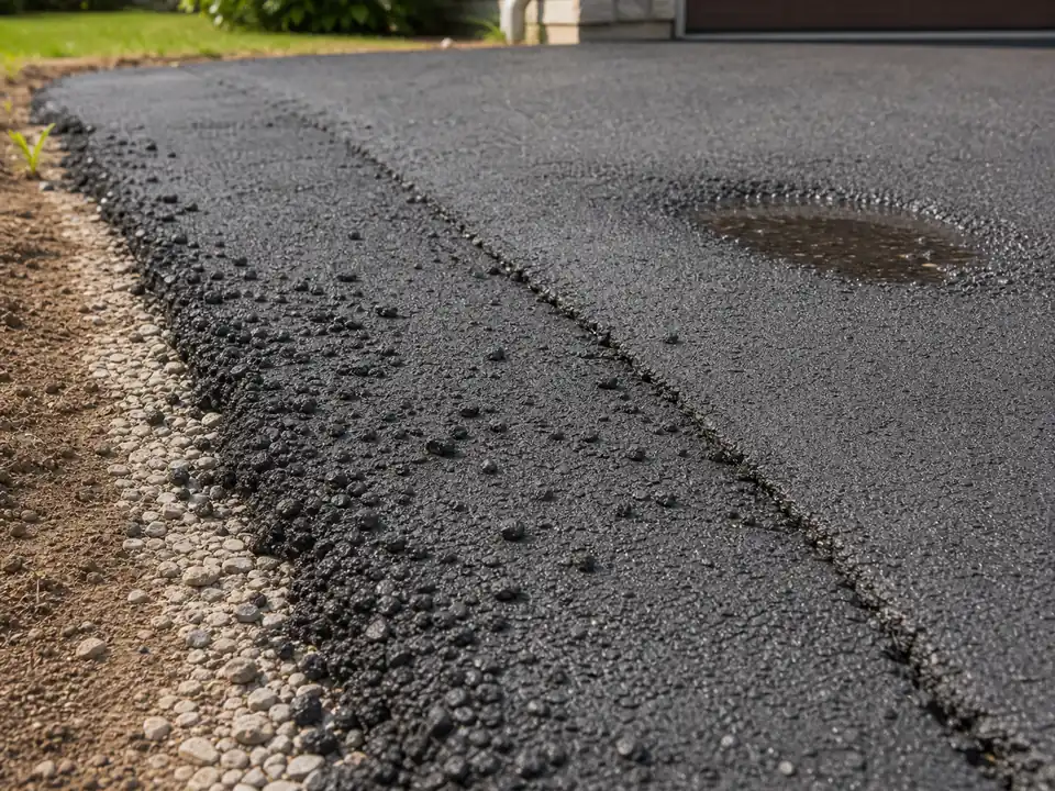 Close-up of raveling asphalt, poor seam, and weak driveway edge