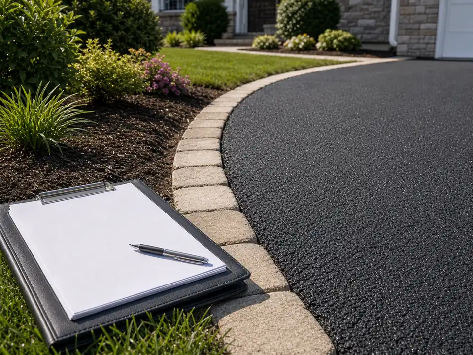 Clean asphalt driveway edge beside fresh landscaping and blank listing paperwork
