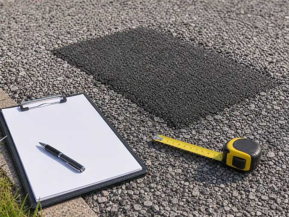 Measured asphalt patch repair beside a blank warranty claim form