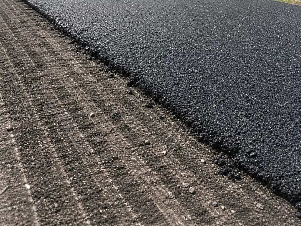 Close-up of rough milled asphalt meeting a smooth new overlay