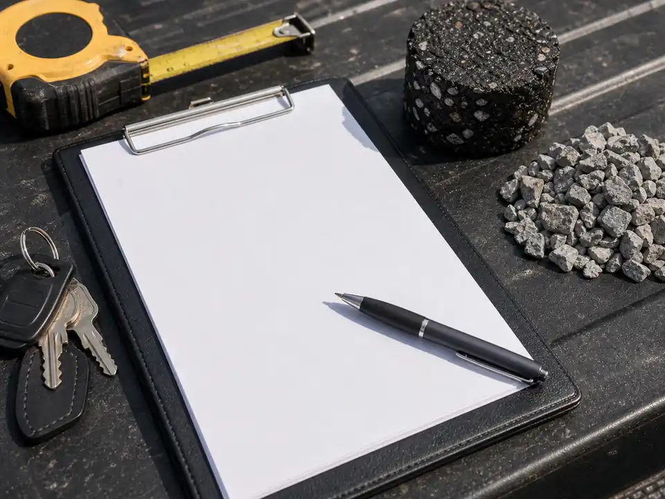 Blank contract pages with asphalt core, base stone, keys, and measuring tape