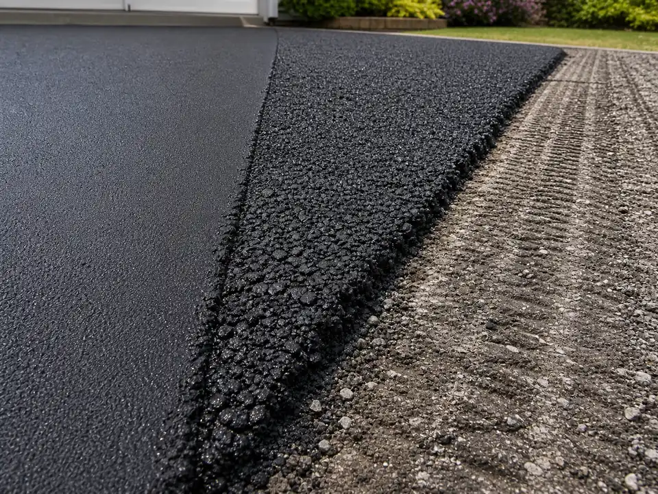 Sealcoated, milled, and freshly overlaid asphalt textures side by side