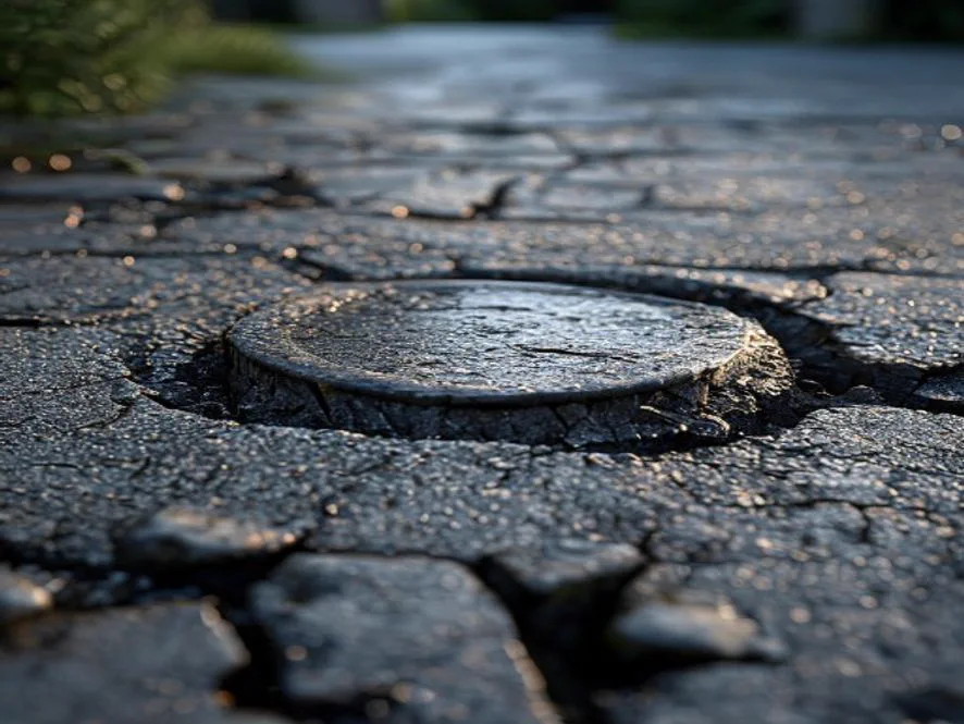 Ring shaped crack and sunken asphalt around a round metal utility cover in a driveway