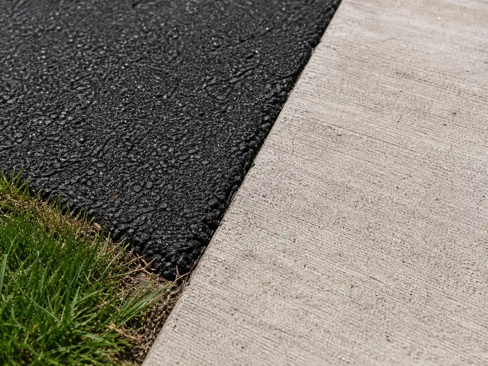 Close-up of black asphalt surface meeting a light concrete slab edge