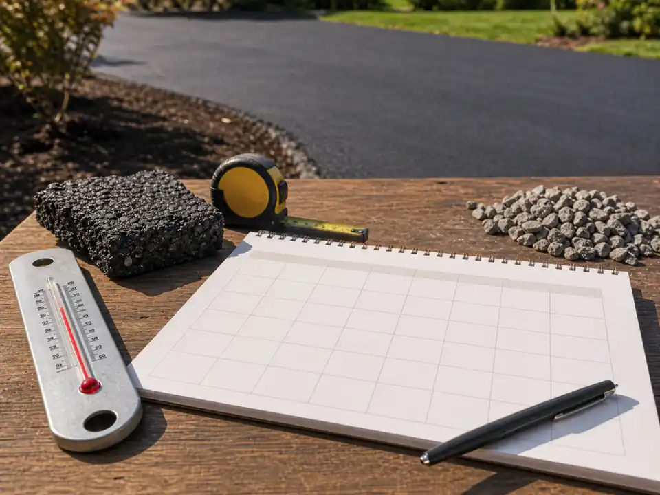 Blank paving weather calendar with thermometer, asphalt sample, and measuring tape
