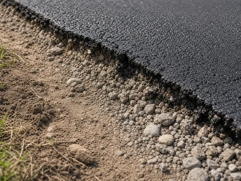 Close-up of a thin asphalt mat over loose gravel base