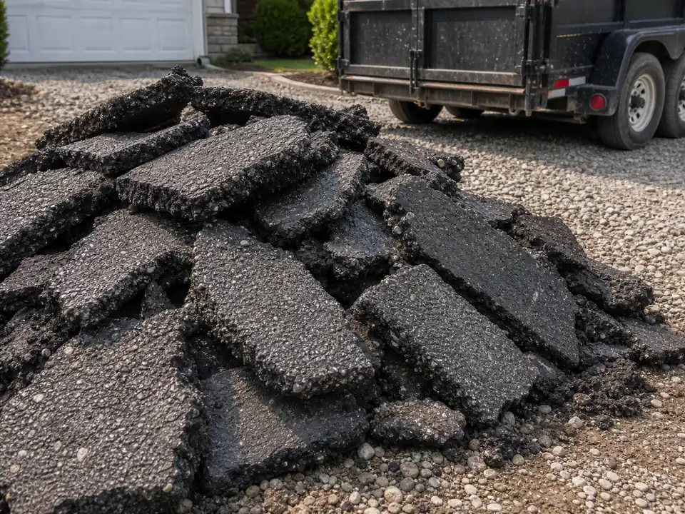 Close-up of reclaimed asphalt chunks ready for disposal or recycling