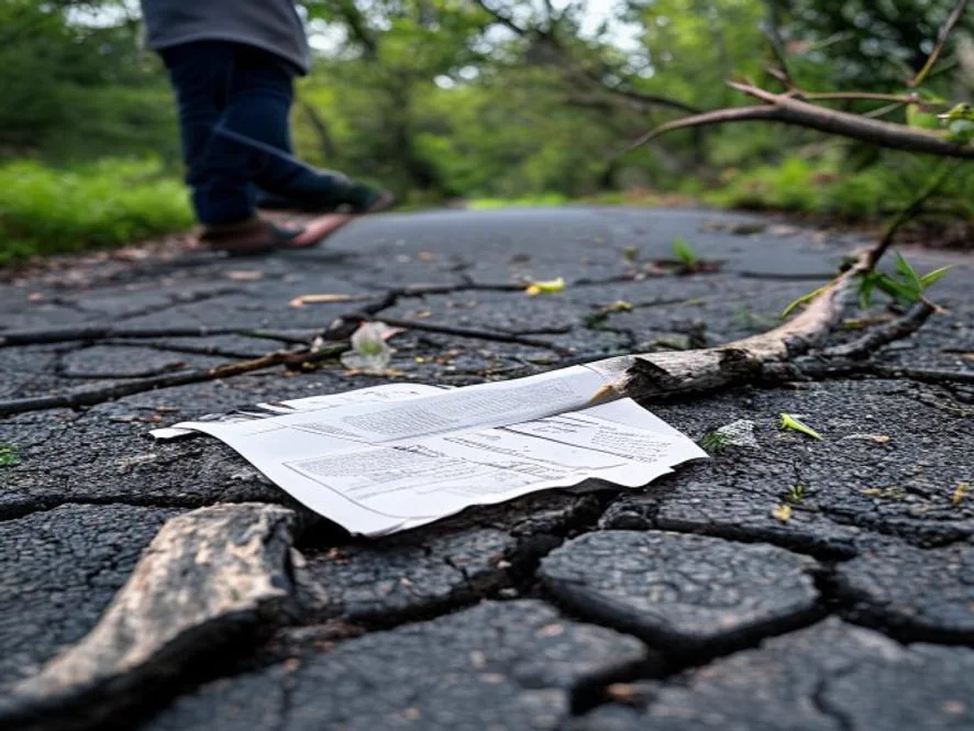 Cracked asphalt driveway with a fallen tree branch after a storm