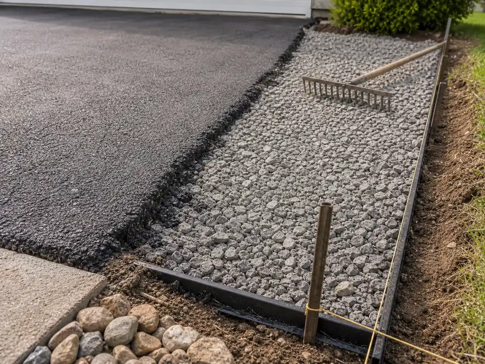 Existing asphalt edge beside compacted gravel base for a driveway extension