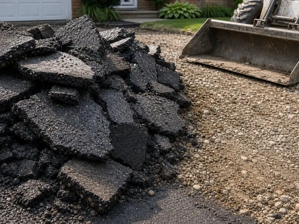 Broken old asphalt chunks beside exposed base during driveway replacement
