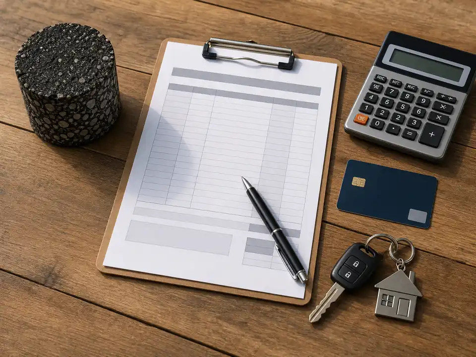 Blank driveway financing worksheet with calculator, card, keys, and asphalt sample