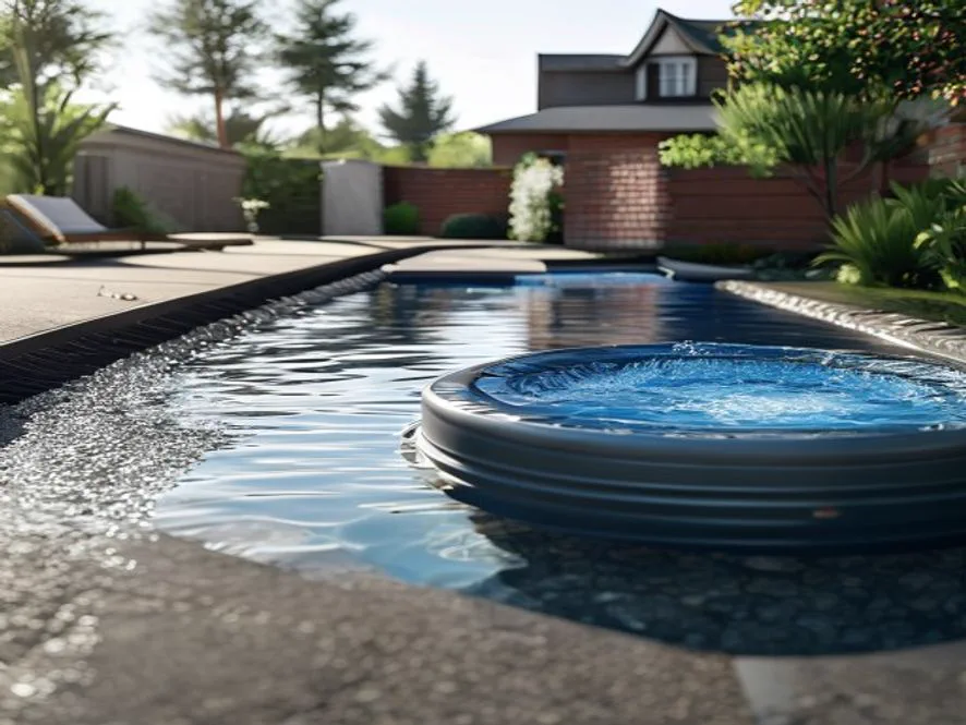 A round hot tub sitting on rubber pads on a residential asphalt driveway
