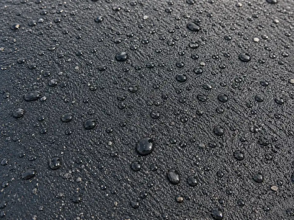 Water beads sitting on a dark sealcoated asphalt driveway surface