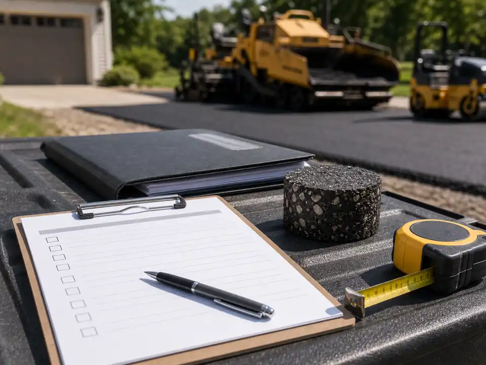 Blank contractor checklist with insurance folder, asphalt core, and measuring tape