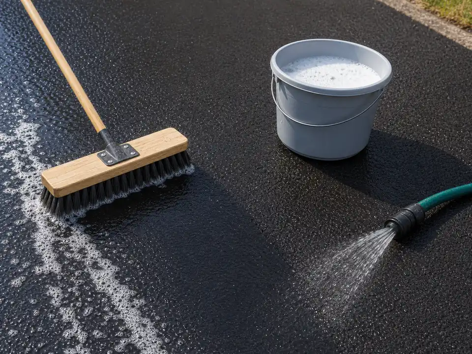 Close-up of a broom and soapy water cleaning a sealed asphalt driveway