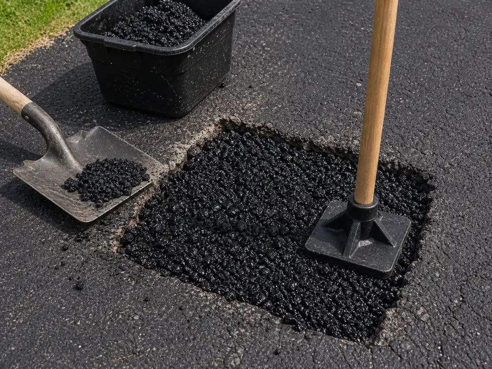 Cold patch asphalt filling a squared driveway pothole beside hand tools