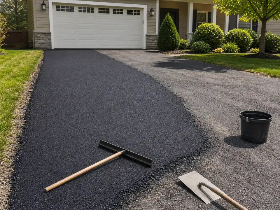 Driveway resurfacing coat spread over older asphalt with a squeegee