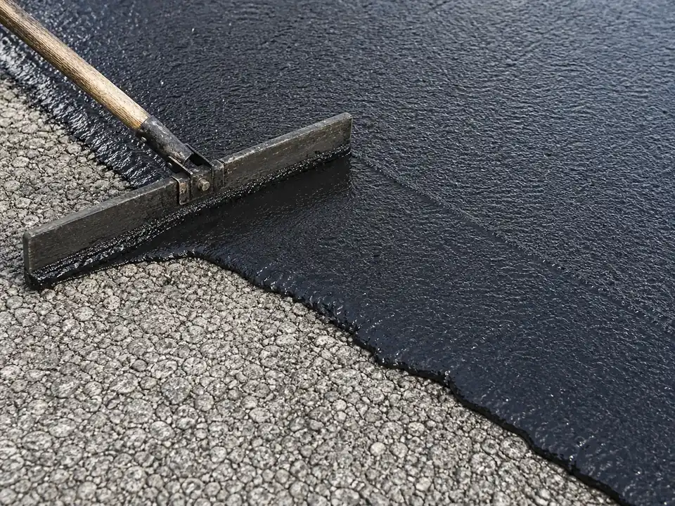 Thin asphalt resurfacer being spread across an older driveway surface