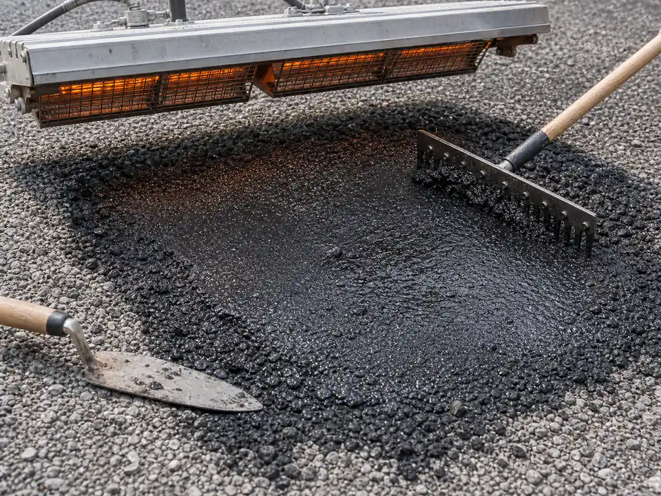 Close-up of an infrared asphalt repair patch being reheated and reworked