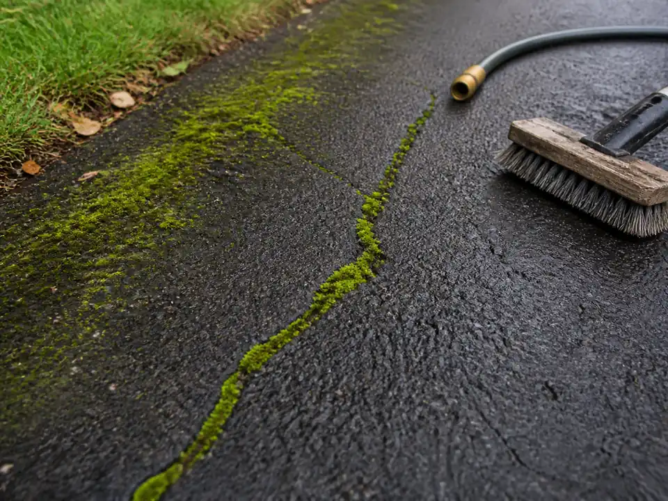 Close-up of green moss and algae growing in asphalt driveway cracks