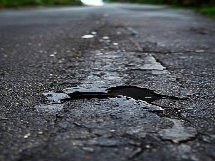 Soft, crumbling spot in an asphalt driveway from a diesel or oil spill