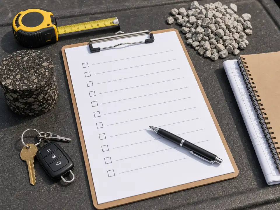 Blank contractor question checklist with asphalt core and base stone samples