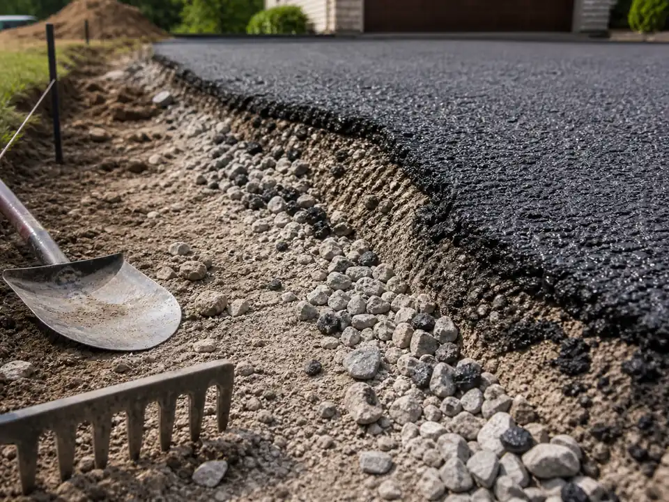 Close-up of loose base stone, thin asphalt, and raveling edge