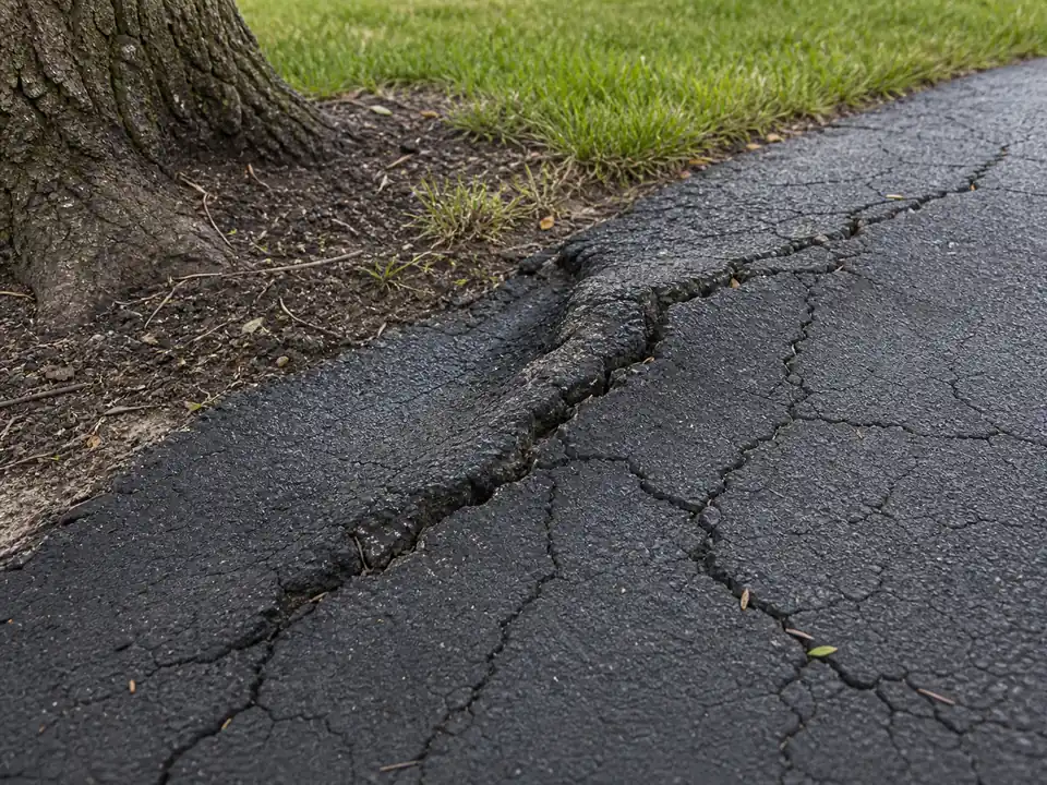 Close-up of a raised crack in asphalt caused by tree-root pressure near the edge