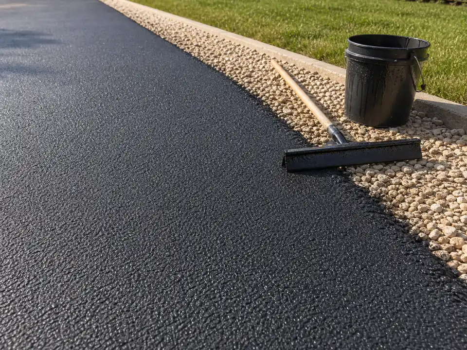 New asphalt surface with sealcoating tools waiting off to the side