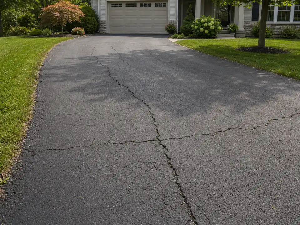 Aging asphalt driveway with several visible crack patterns